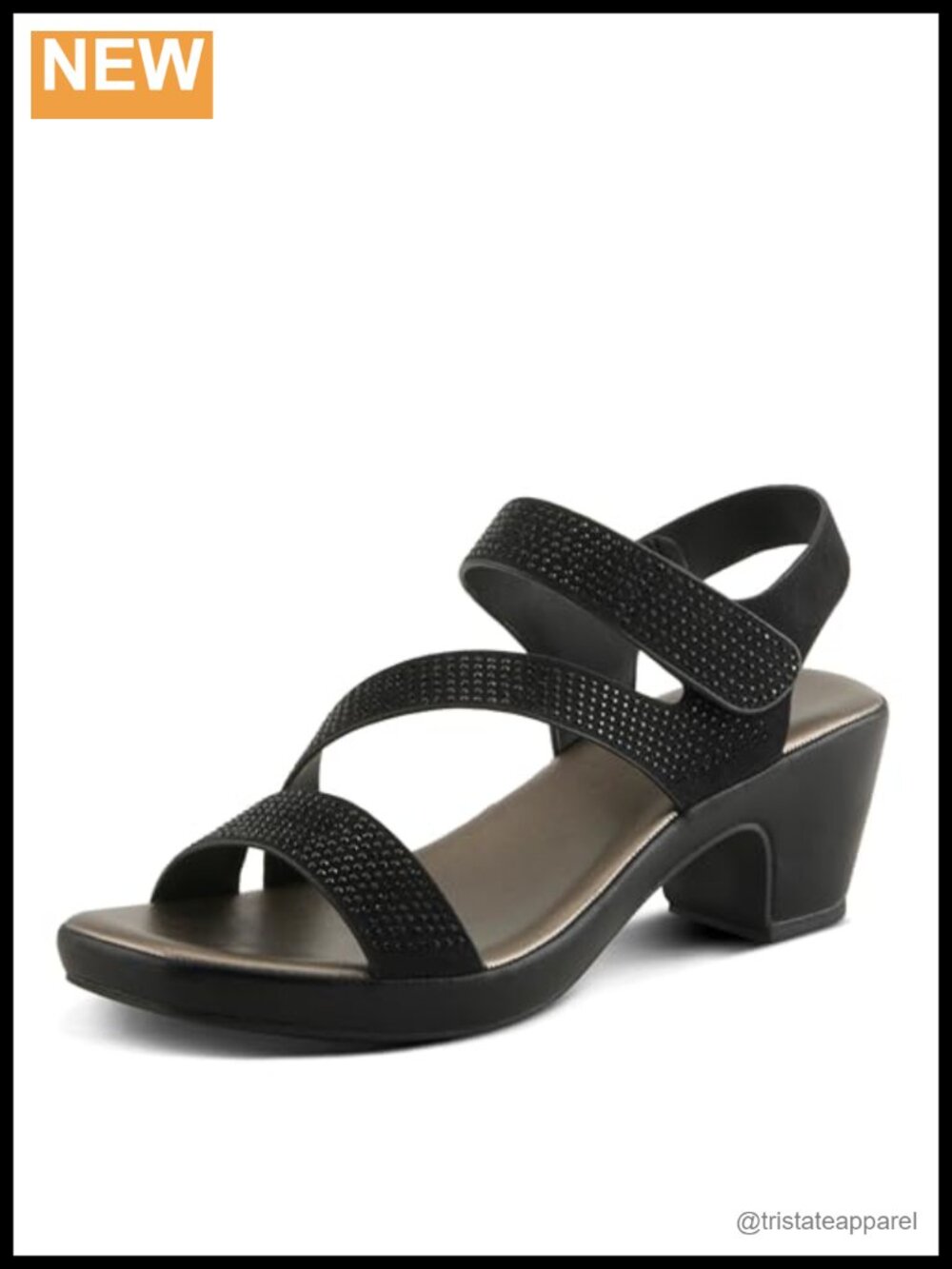 Low Block Heel Sandals with Crystal Strap & Hook and Loop Closure